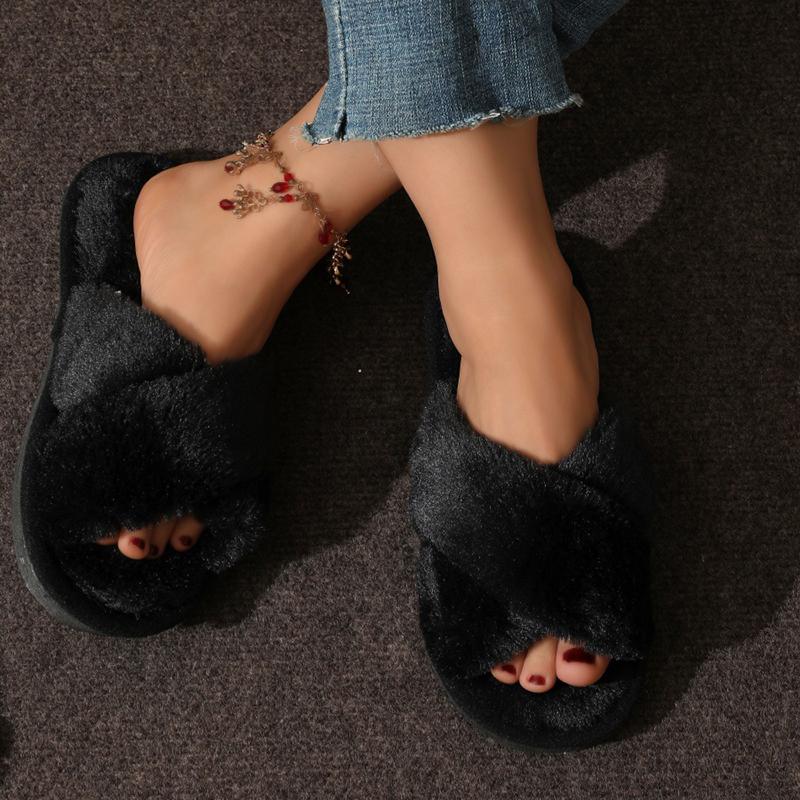 Fashion Women Fluffy Slippers Cross Band Soft Plush Cozy House Shoes Furry Open Toe Indoor Outdoor Slip Warm Anti Skid Sole