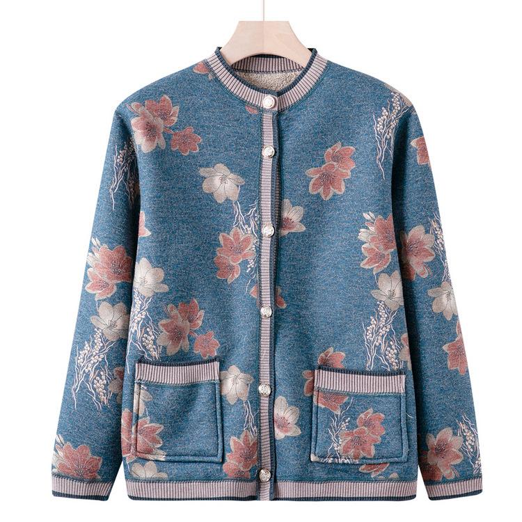 

Кардиган Плюс Бархатный Утолщенный Для Среднего и Пожилого Возраста Осенне-Зимняя Одежда для Мам Новая Вязаная Куртка-Свитер 4XL синий