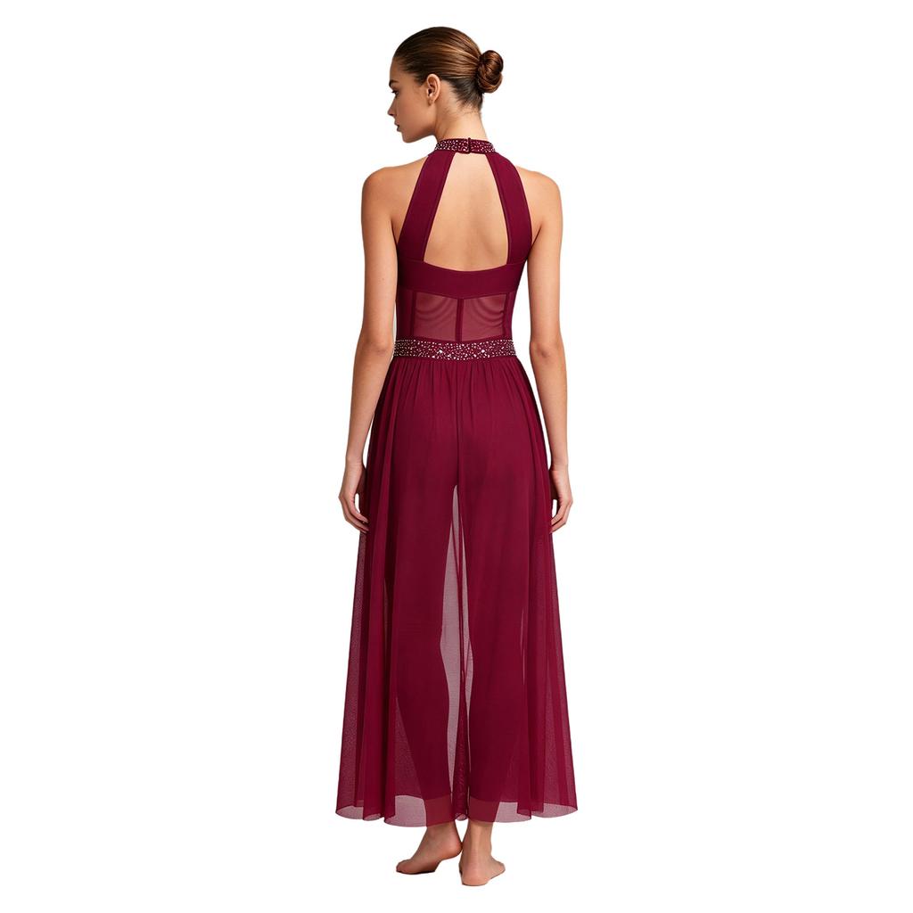 Women Lyrical Dance Unitard Glitter Rhinestone Halter Backless Sheer Waist Tight Pants Mesh Layer Jumpsuit Flowing Dancewear for Stage Performance