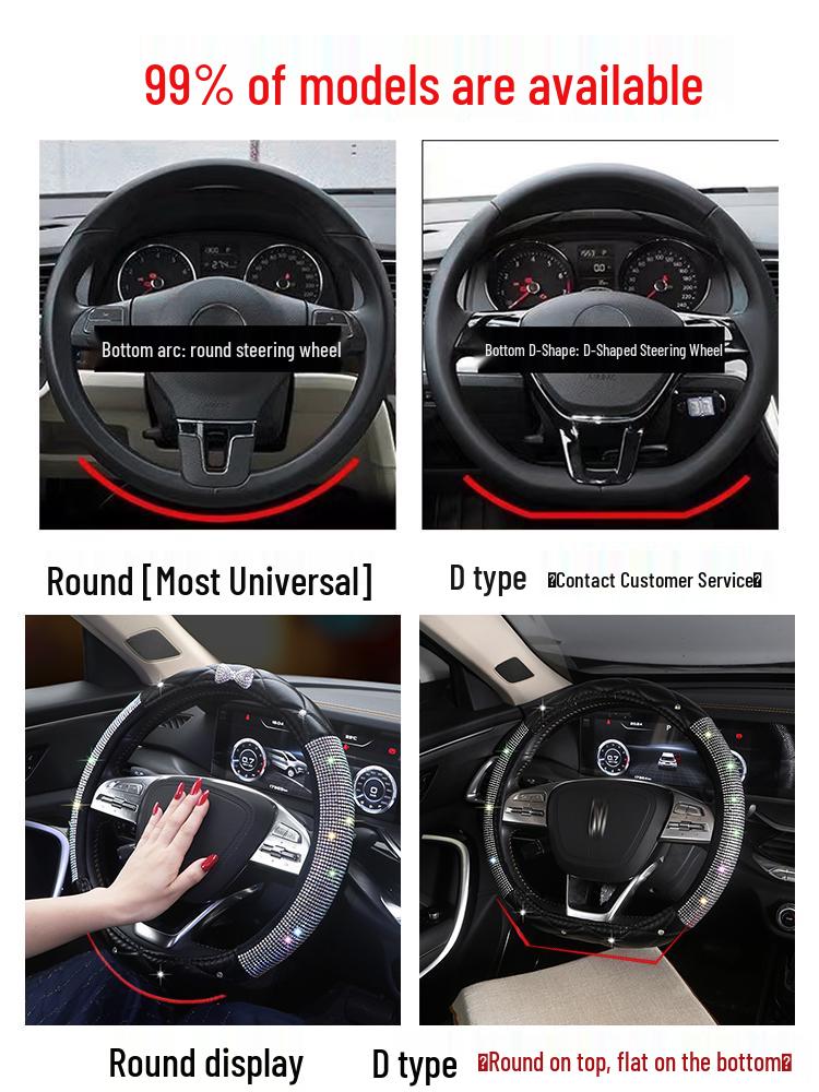Women's D-Shape All-Season Non-Slip Steering Wheel Cover with Rhinestones