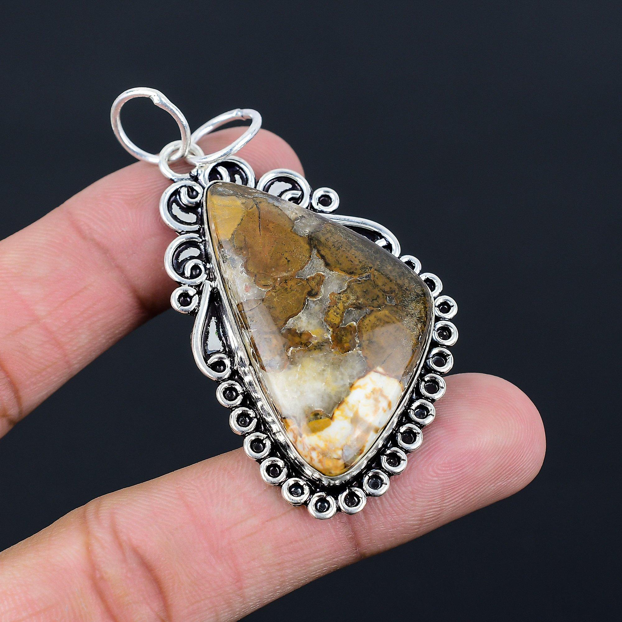 925 Silver Trillion Natural Petrified Wood Jasper New Root Chakra Wife Pendant