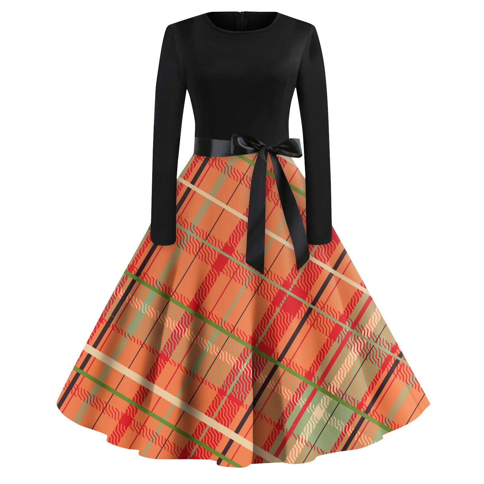 

Женские винтажные клетчатые платья с длинным рукавом и круглым вырезом больших размеров для выпускного вечера L