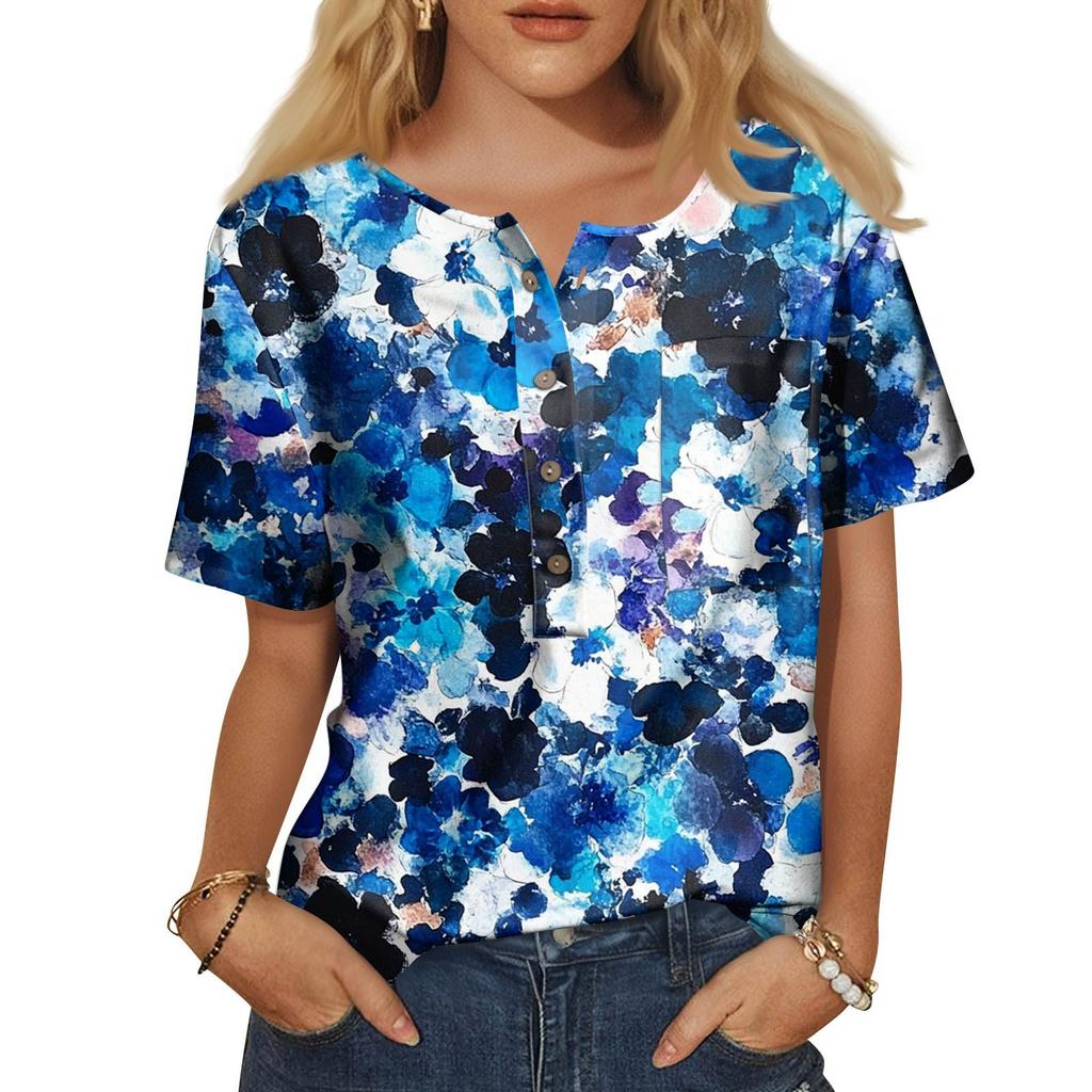 Women's Fashion Casual Short Sleeve Print Round Neck Pullover Top Blouse