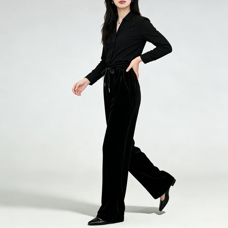 Han Meng Xuan 100% Mulberry Silk Velvet Wide-Leg Pants