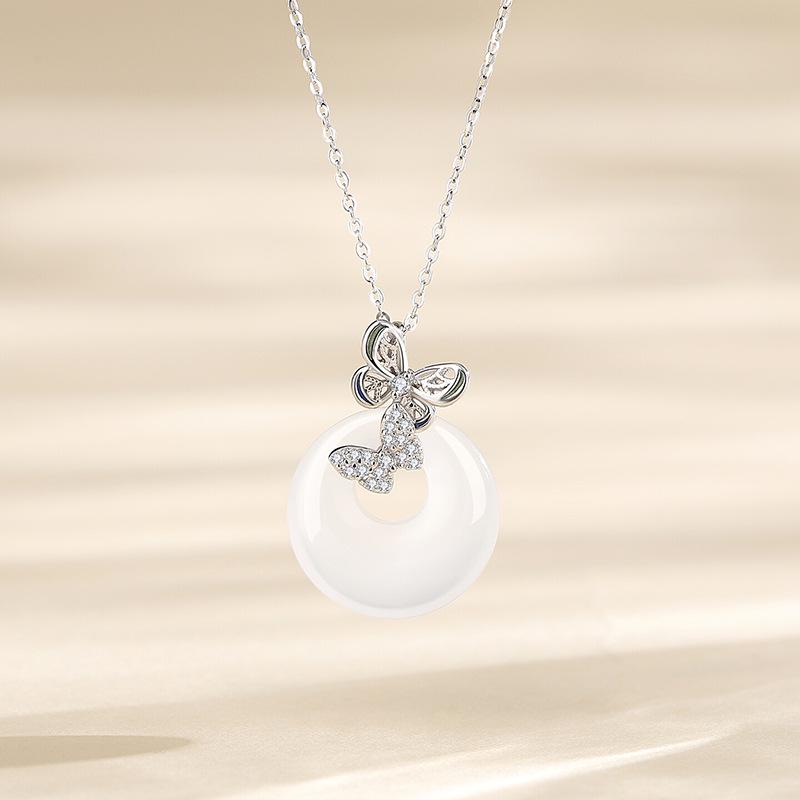 Tichiya Butterfly Love Ping an Buckle Necklace for Women - S925 Sterling Silver with White Agate, Chinese Style Light Luxury Collarbone Chain. 925 Silver