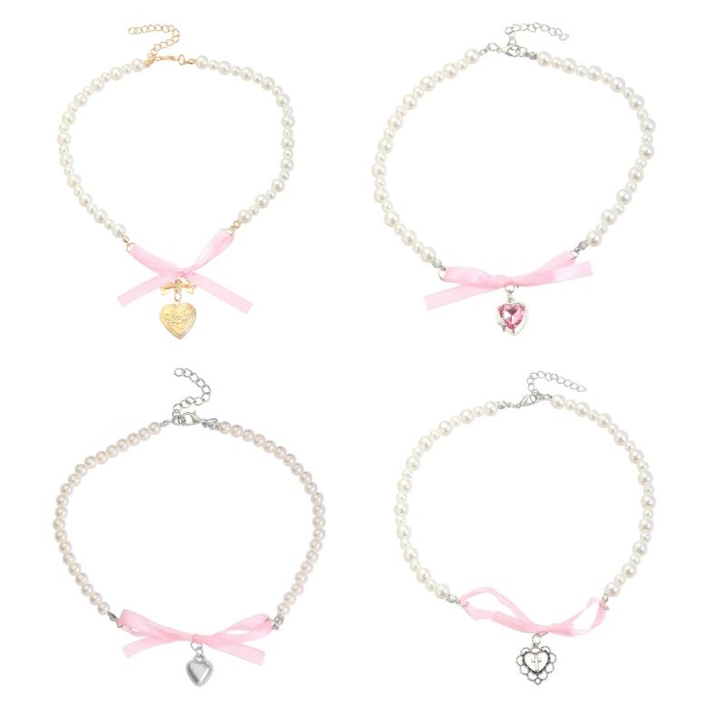 Elegante Halskette mit Perlenanhänger und Herz-Schleife für Frauen, süße, vielseitige Choker-Charme-Halsketten, Modeschmuck, Geschenk