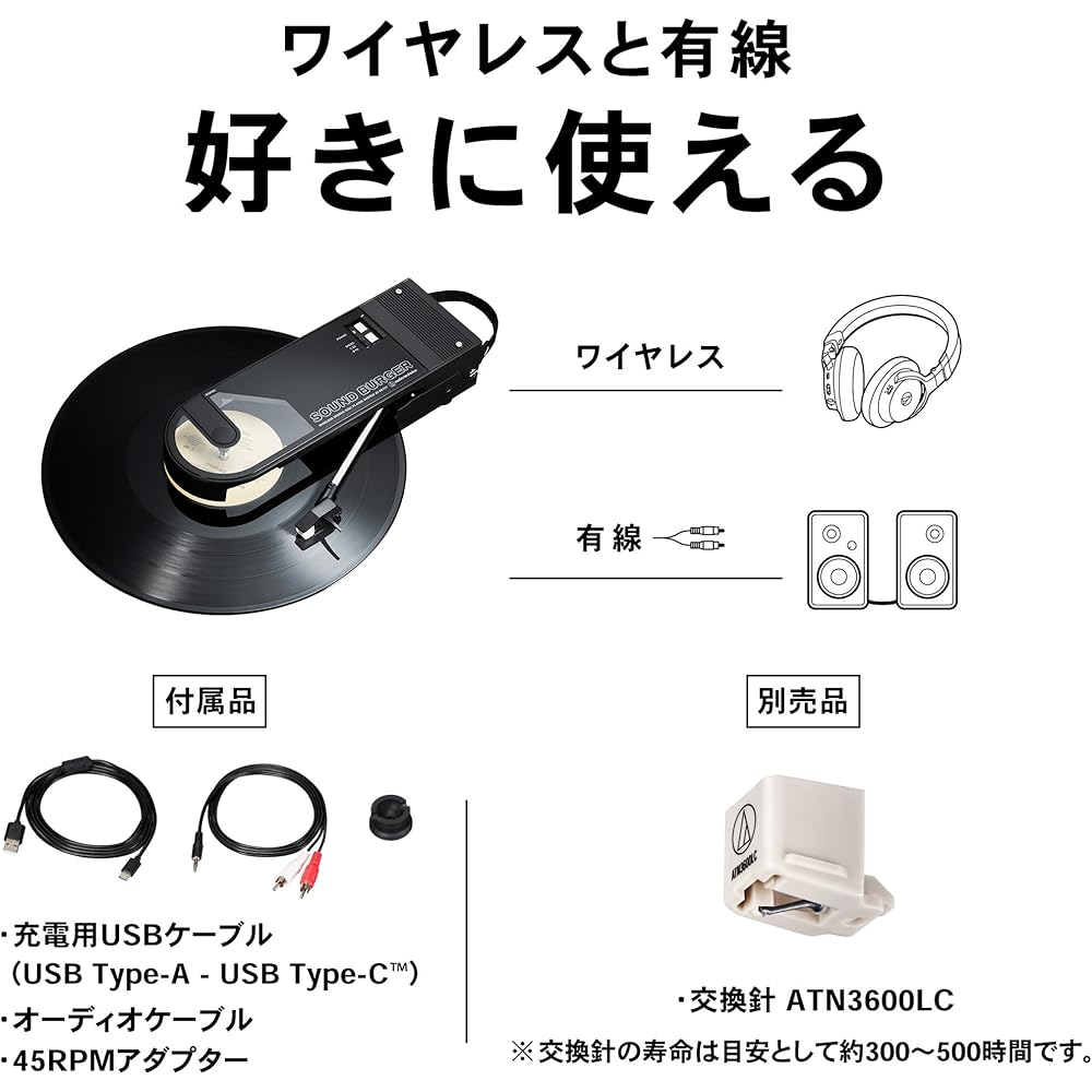 Audio-Technica AT-SB727 BK Wireless Record Player AT-SB727 Soundburger Portable Small Lightweight USB Charging Bluetooth Belt Drive [Domestic Genuine 