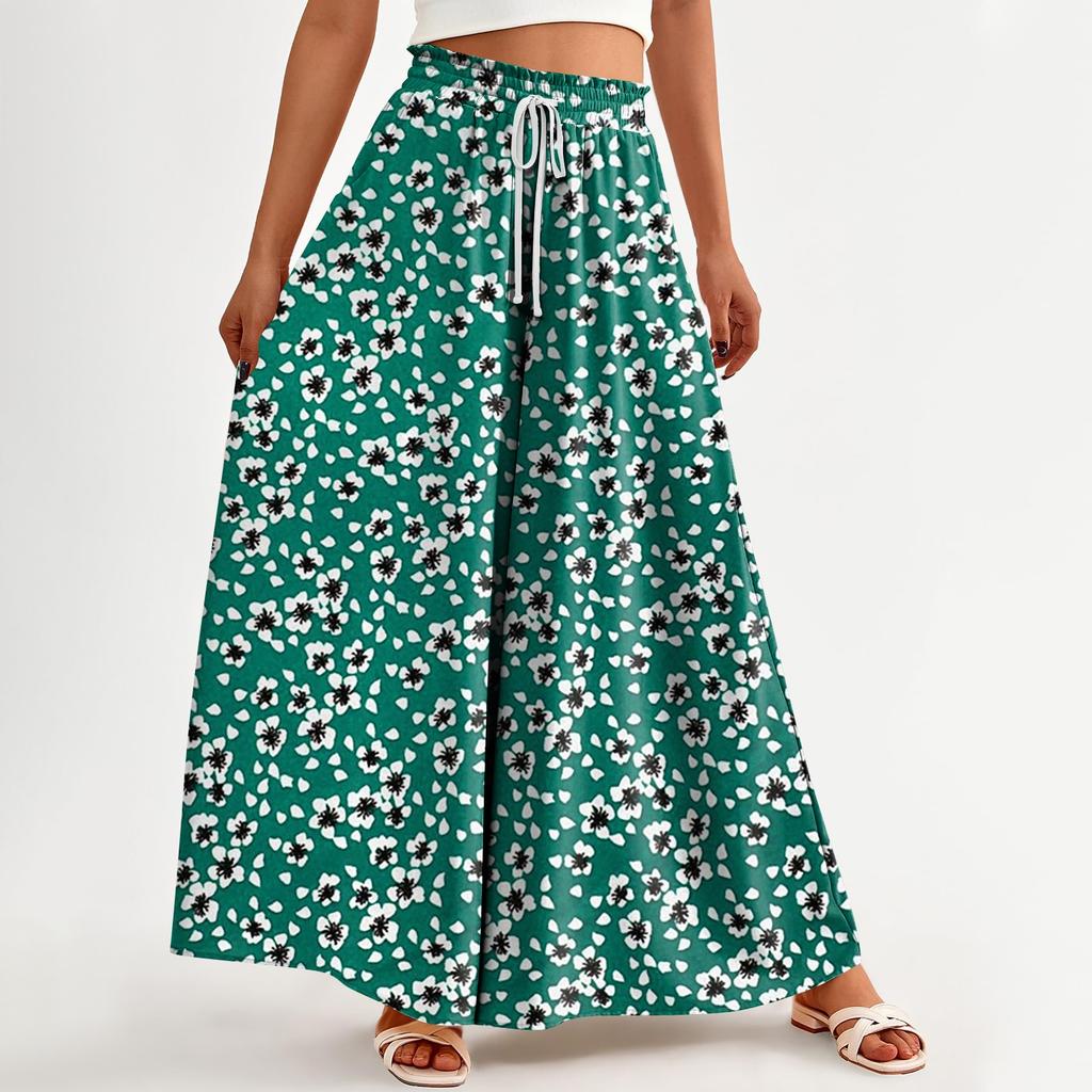 Women's Printed Wide Leg Pants With Pockets High Waist Drawstring Loose Casual Pants