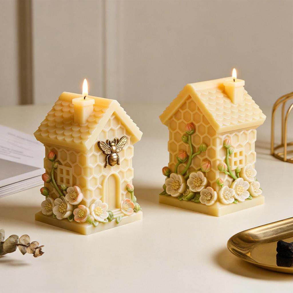 3D HoneycombHut Candle Mold DIY Beehive Candle Mold Silicone Bee Flowers Standing House Home Decorations Realistic Candle Mold