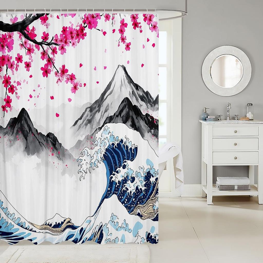 Japanese Style Shower Curtain Pink Cherry Blossom Bathroom Curtain,Ocean Wave Bath Curtain Fuji Mountain Shower Curtain,
