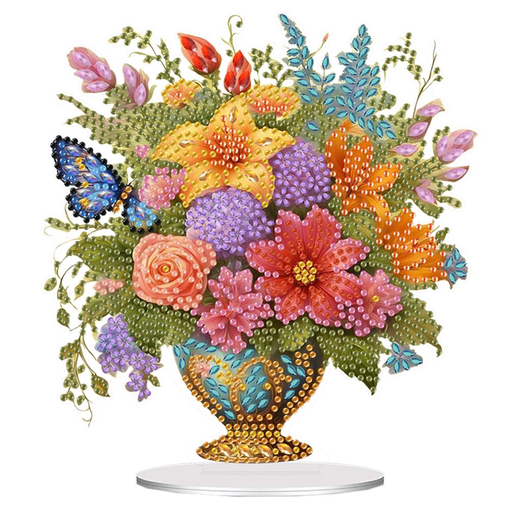 Acrylic Rose Lily Butterfly Flower Vase Desktop Diamond Art Kits 5D DIY Diamond Art Tabletop Decorations for Home Office Decor