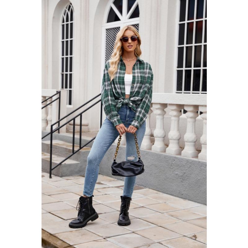 Spring and Autumn Women's Casual Fashion Street Loose Plaid Long Sleeve Shirt