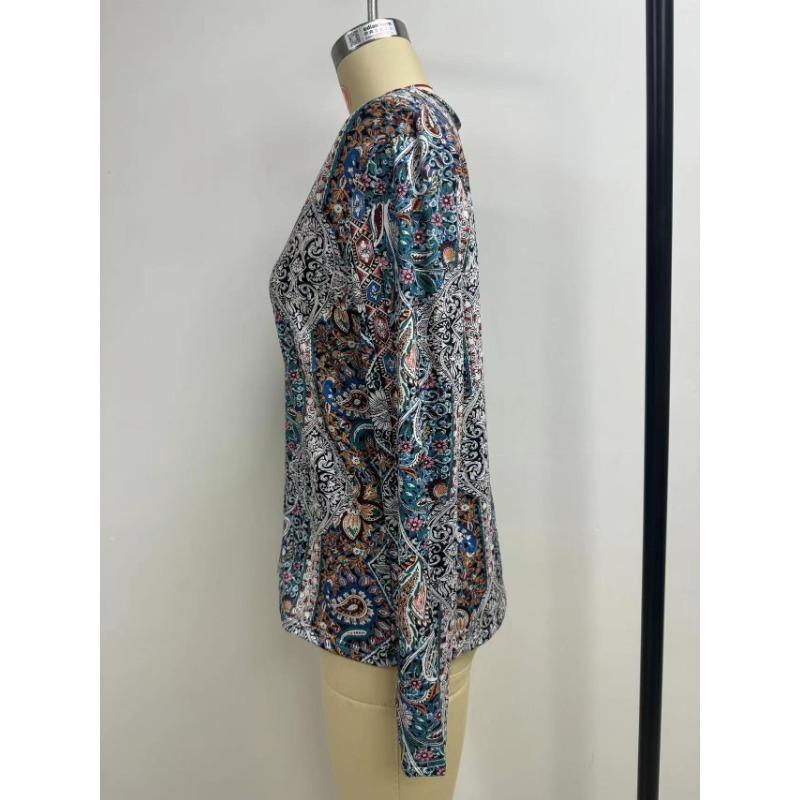 Women V Neck Boho Paisley Print Long Sleeve Blouse Multi Color Ethnic Loose Fit Summer Vacation Casual Top
