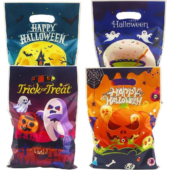 Halloween Treat Bags, Halloween Goodie Bags, 50Pcs Trick or Treat Candy Bag with Handles for Kids Ghost Pumpkin Plastic Goody Gifts Favor Gift Bag Halloween