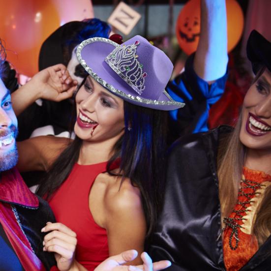 Women Cowboy Hat Rhinestones Inlay Crown Shiny Sequined Hat Brim Western-Themed Night Party Ladies Fancy Dress Festival Cowboy Costume Accessories