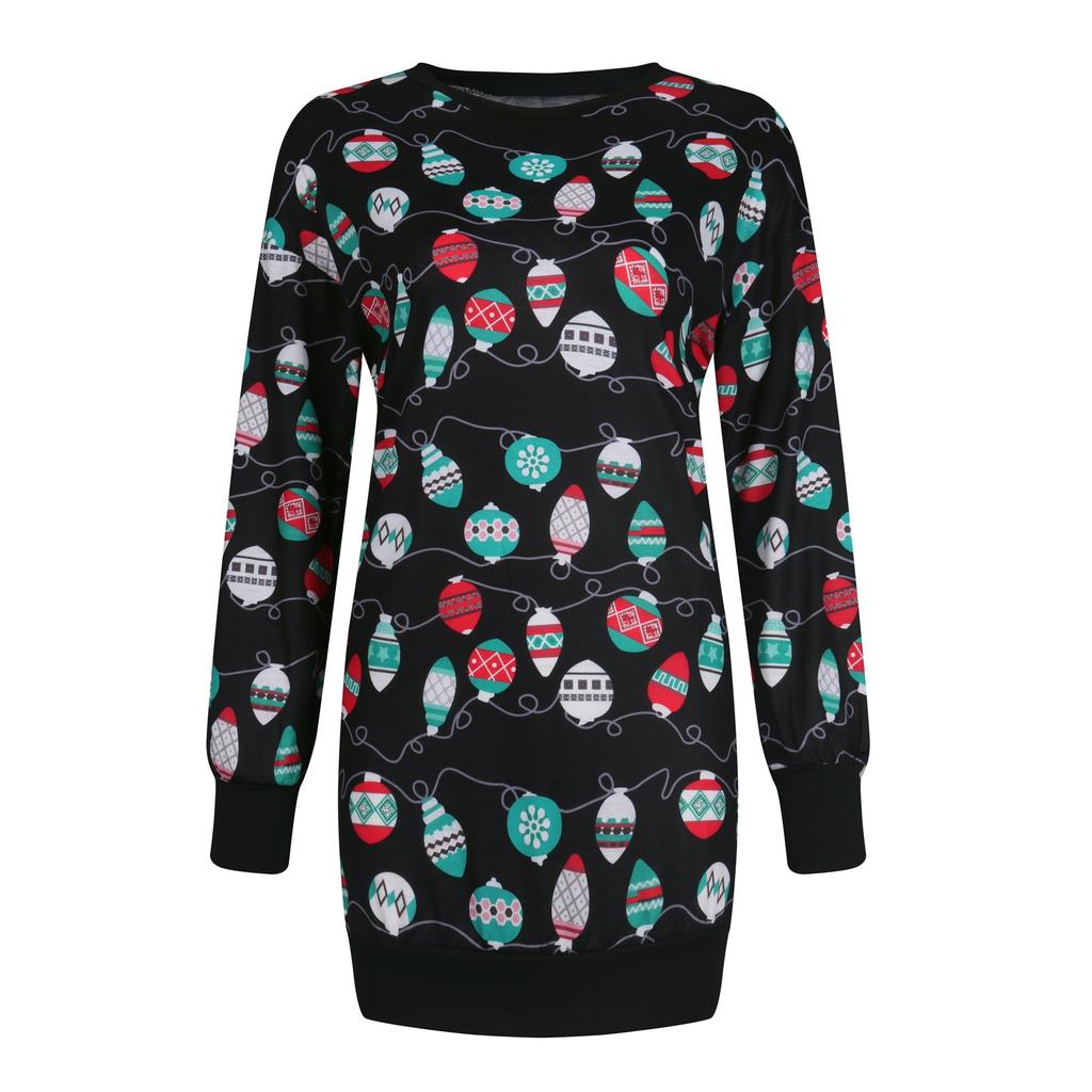 Women's Fashion Santa Printed Snowman Light String Long Sleeve Dress