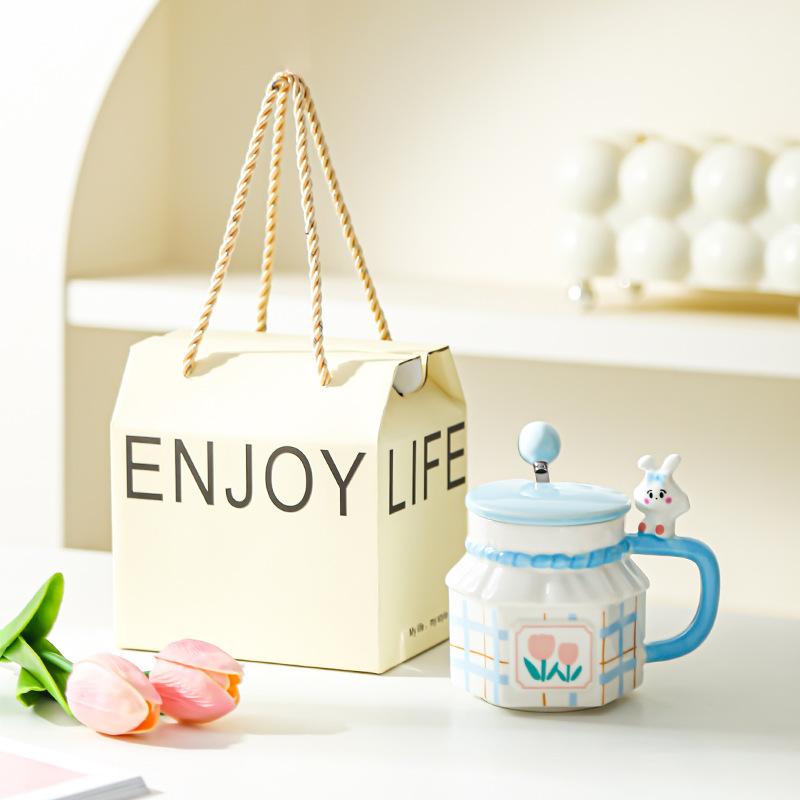 Tulip Rabbit Flower Couple Mug Creative High Value Home Office Ceramic Cup Coffee Cup with Lid