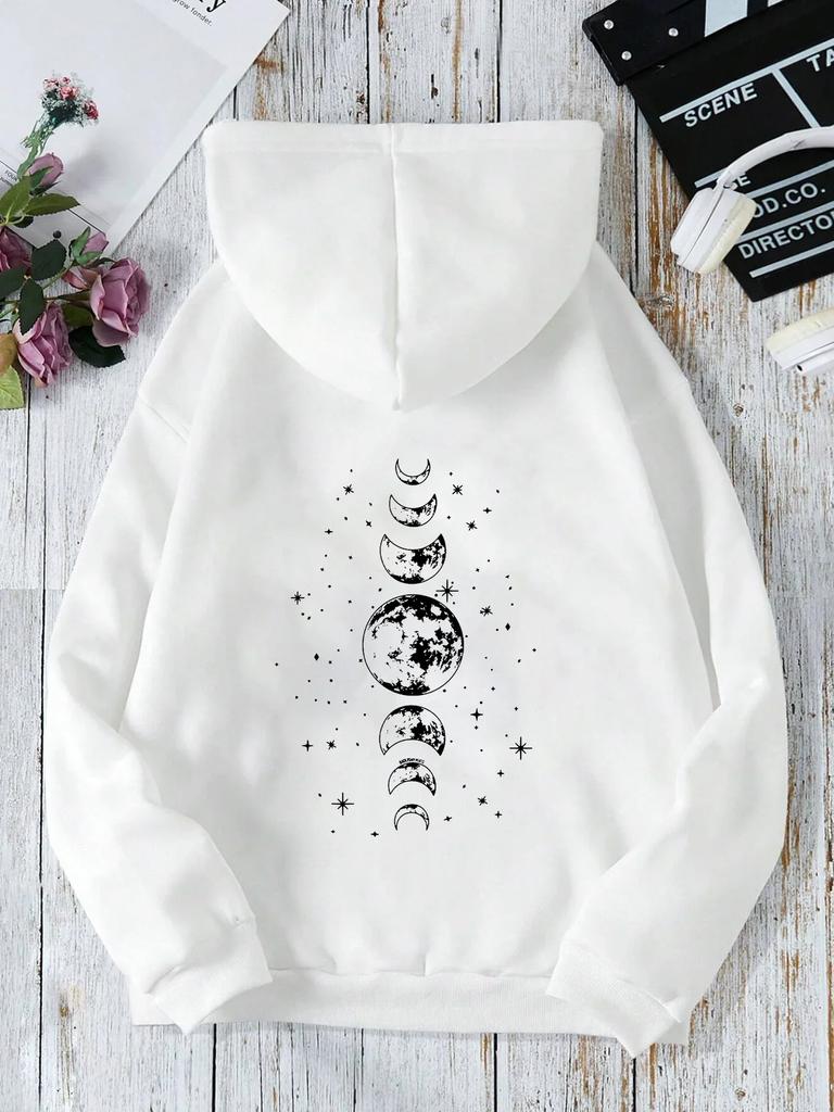 New Hoodies with Different Moon Prints, Front and Back Printed Hoodies Casual and Fashionable Y2K Women's Clothing High Street