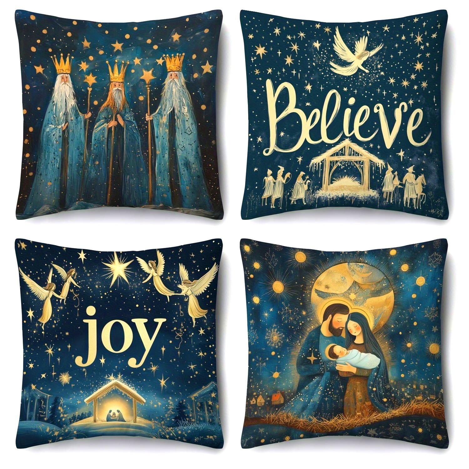 Christmas Joyful Star Pillow 4PC Christmas Joyful Star Pillow Set Contemporary Style Holiday Design Decorative Cushion Covers 4PCS
