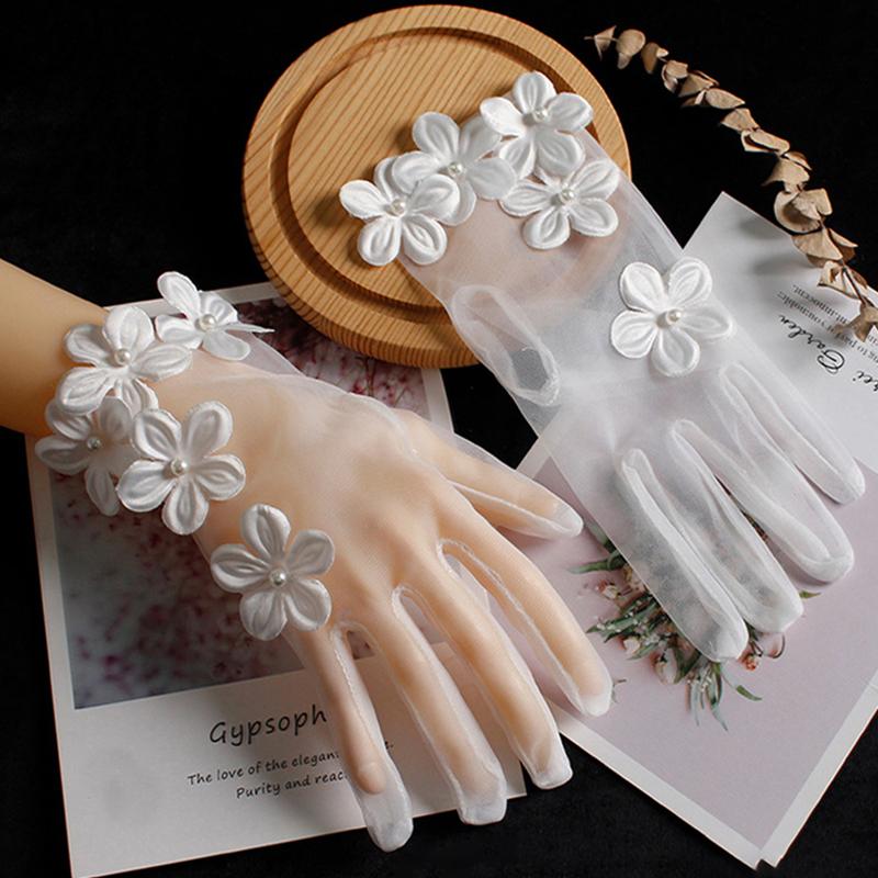 

Элегантные кружевные тюлевые прозрачные свадебные перчатки для вечеринки, с цветком, прозрачные короткие летние митенки, аксессуары в стиле Лолита