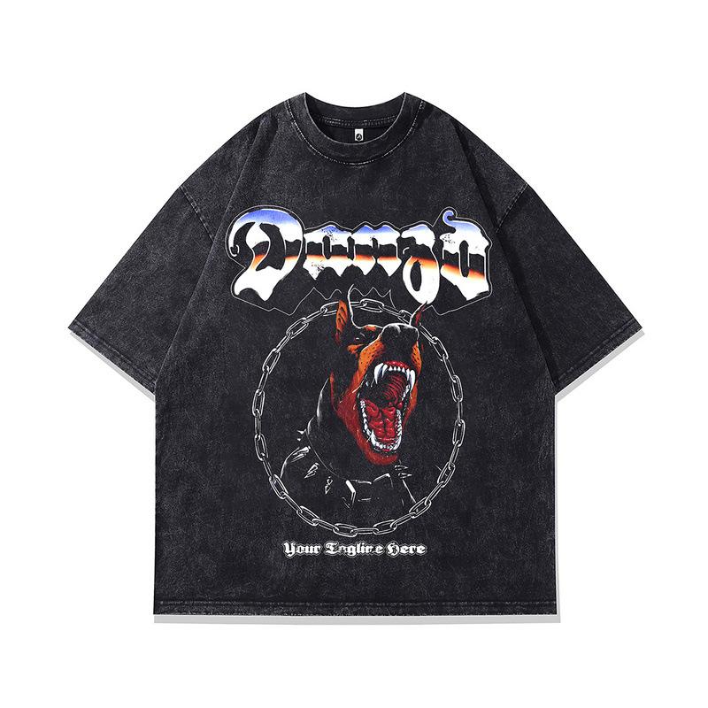 Men'S T-Shirt American High Street Vintage Doberman Direct Injection Printing Loose Wash Short Sleeve T-Shirt