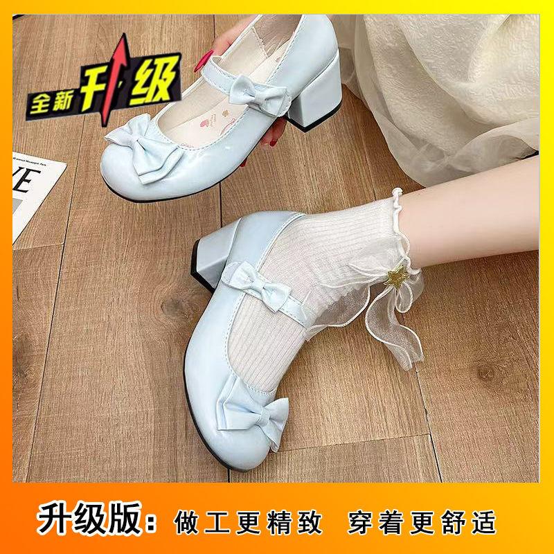 Pink high heels original lolita small leather shoes mary shoes cute bow heel round head lo shoes women