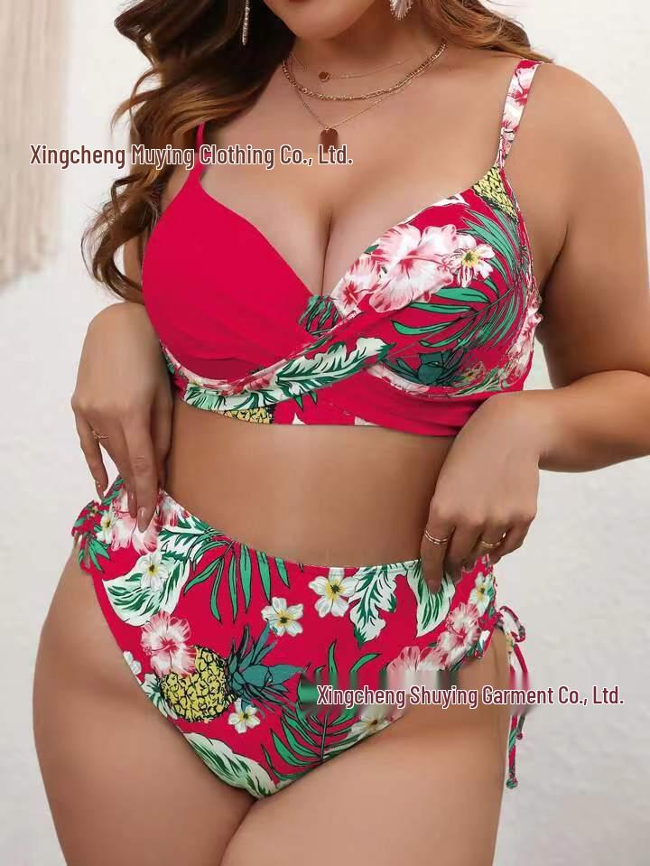 

2025 Новый европейский и американский принт, купальник-бикини с высокой талией, открытой спиной, на тонких бретельках, сексуальный, с разрезом, комплект для женщин L красный