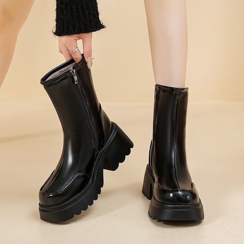 Platform Ankle Snow Boots Women High Heels Plush Leather Shoes Winter Warm Casual Shoes 2025 Trend Goth Chelsea Cozy Botas Mujer