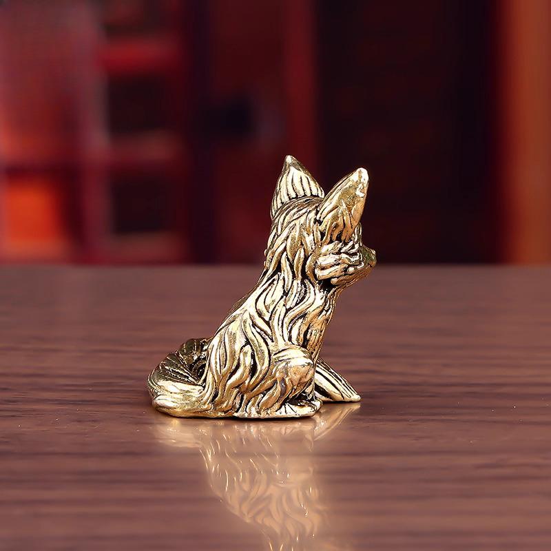 Creative Brass Small Retro Fox Shape Ornament, Micro Landscape Tea Pet Indoor Desktop Decorations, Metal Crafts Accessories, 1Pc