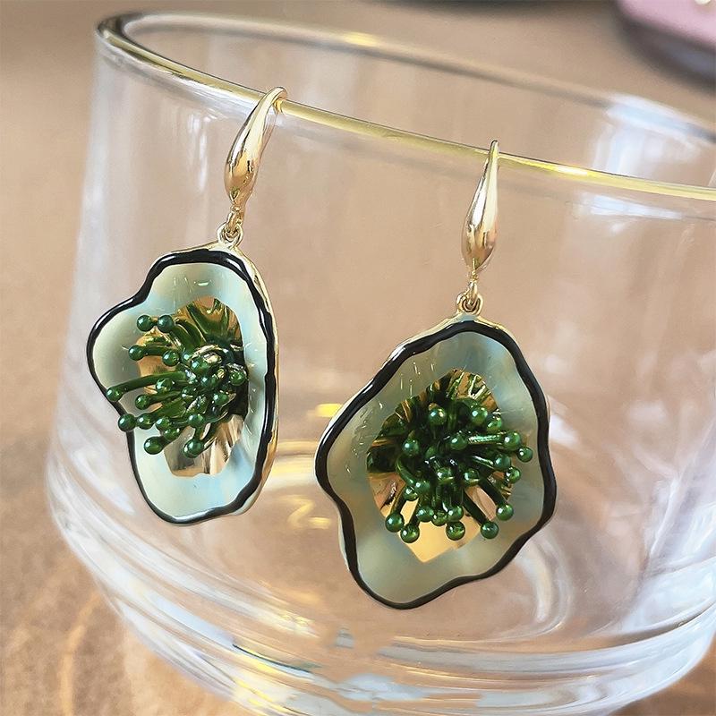 Boucles d'oreilles pendantes vintage en émail style peinture à l'huile - Luxe léger, design rétro haut de gamme pour femmes