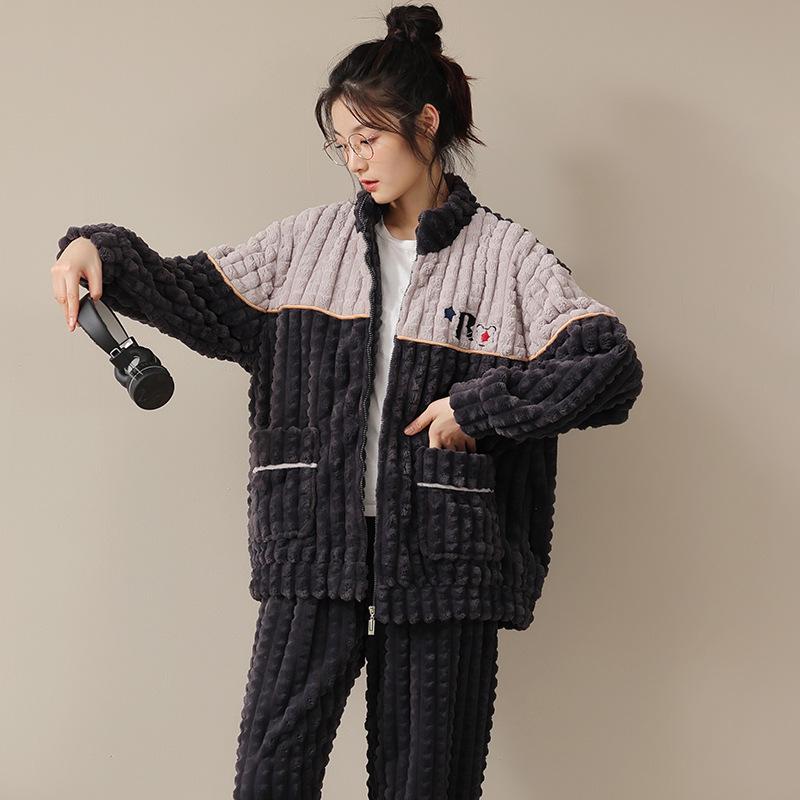 Couple's Cozy Pajama Set: Women's Autumn Winter Coral Fleece & Men's Thickened Plus Velvet Flannel Homewear
