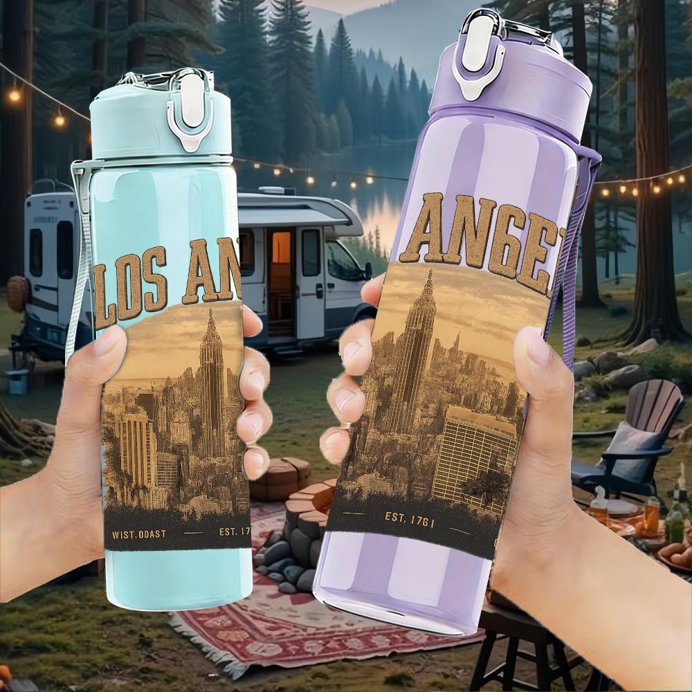1PC Los Angeles City Print 750ml Color Plastic Sports Water Bottle Leakproof Flip Straw Lid Suitable for Sports Office Home Use