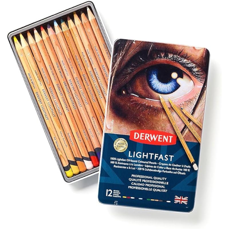 Derwent Lightfast Colored Pencils 12 Tin, Set of 12, 4mm Wide Core, 100% Lightfast, Oil-based, Premium Core, Creamy, Ide