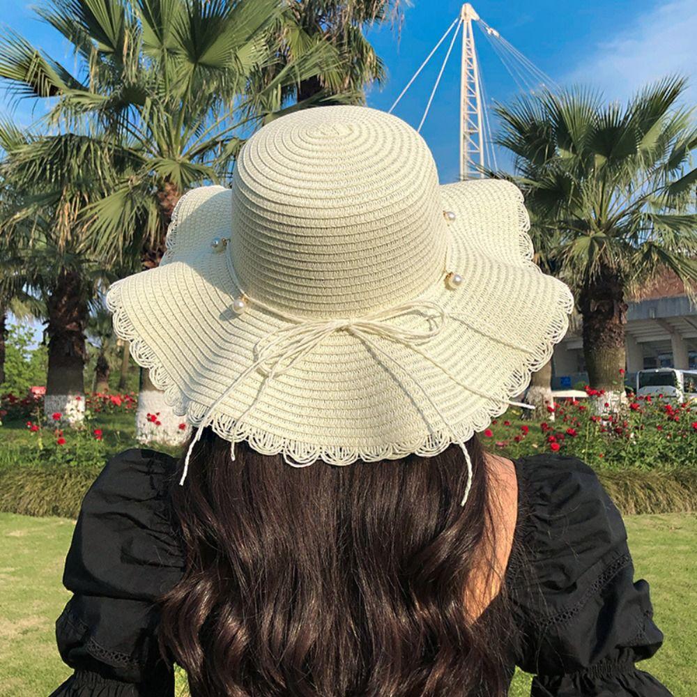 French Style Pearls Strap Straw Hat Wide Brim Women's Sun Hat Ins Folding Straw Hats  Girls