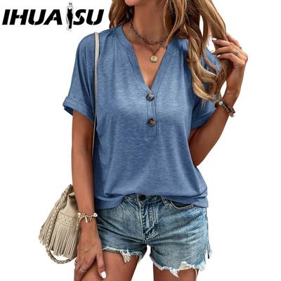 Spring and Summer Women's Blouse Solid Color Twist Button Fashion Short Sleeve Woman