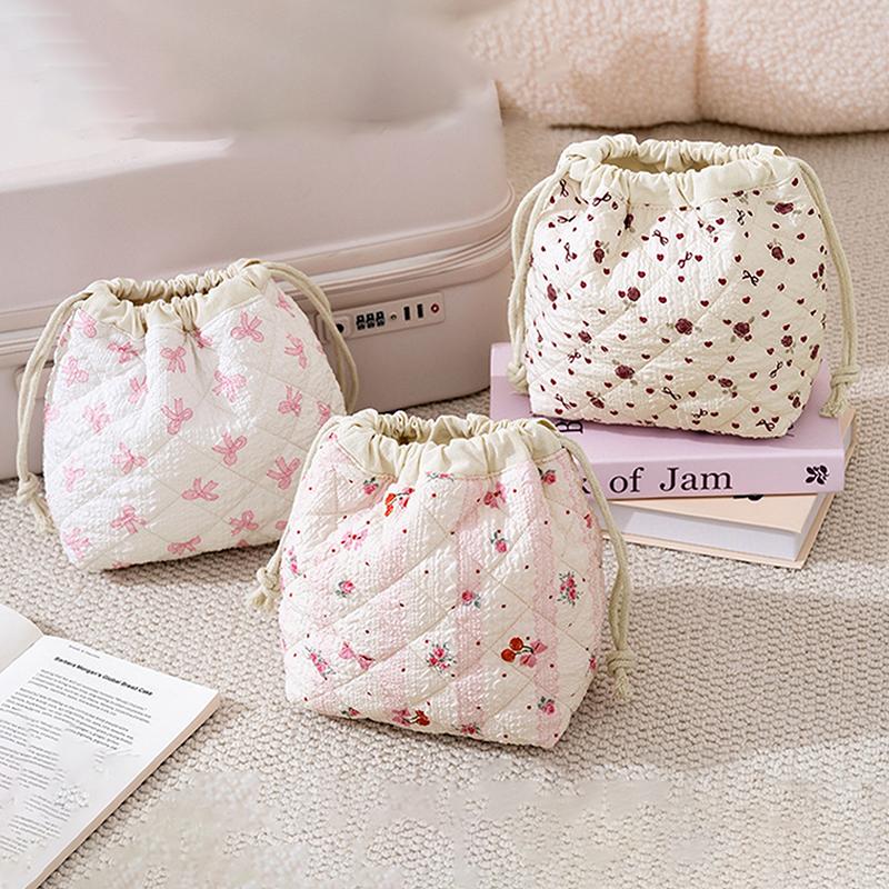 Cotton Quilted Drawstring Makeup Bag, Travel Toiletry Organizer, Cute Drawstring Gift Bag For Women & Girls