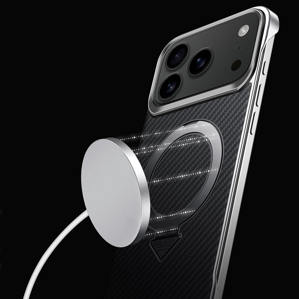 SULADA For iPhone 17 Pro Case Compatible with MagSafe Kickstand PU+PC Phone Cover Carbon Fiber Texture