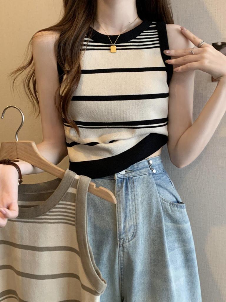 Women's French Retro Striped Knitted Tank Top - Color Block Sleeveless Base Shirt