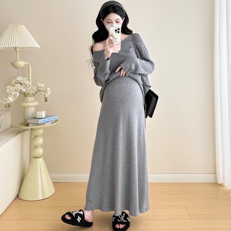 

Autumn Maternity One-Shoulder Top and Skirt Two-Piece Set L