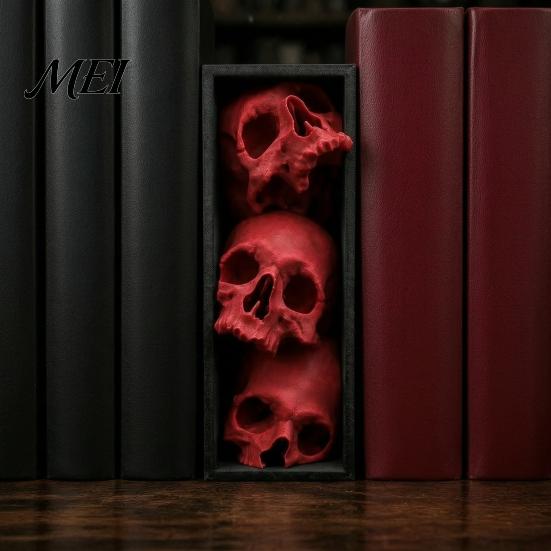 Dark Fantasy Home Ornaments 3Pcs Halloween 3 Tier Skull Bookends, Gothic Resin Bookshelf Decor for Office, Skeleton Statue Bookshelves Spooky
