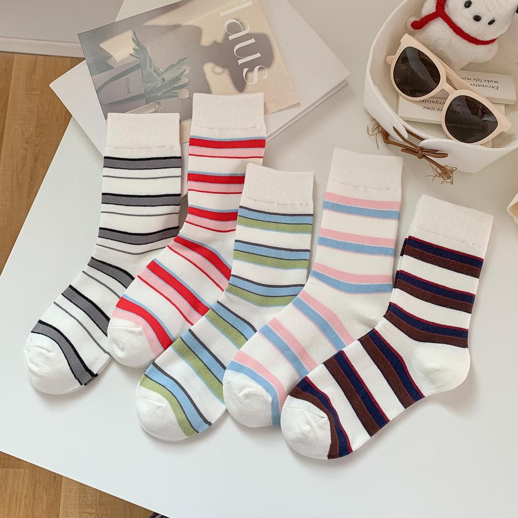 25 New Autumn/Winter Japanese Anti-Pilling Striped Cotton Mid-Calf Socks - Trendy College Style Colorblock for Women.