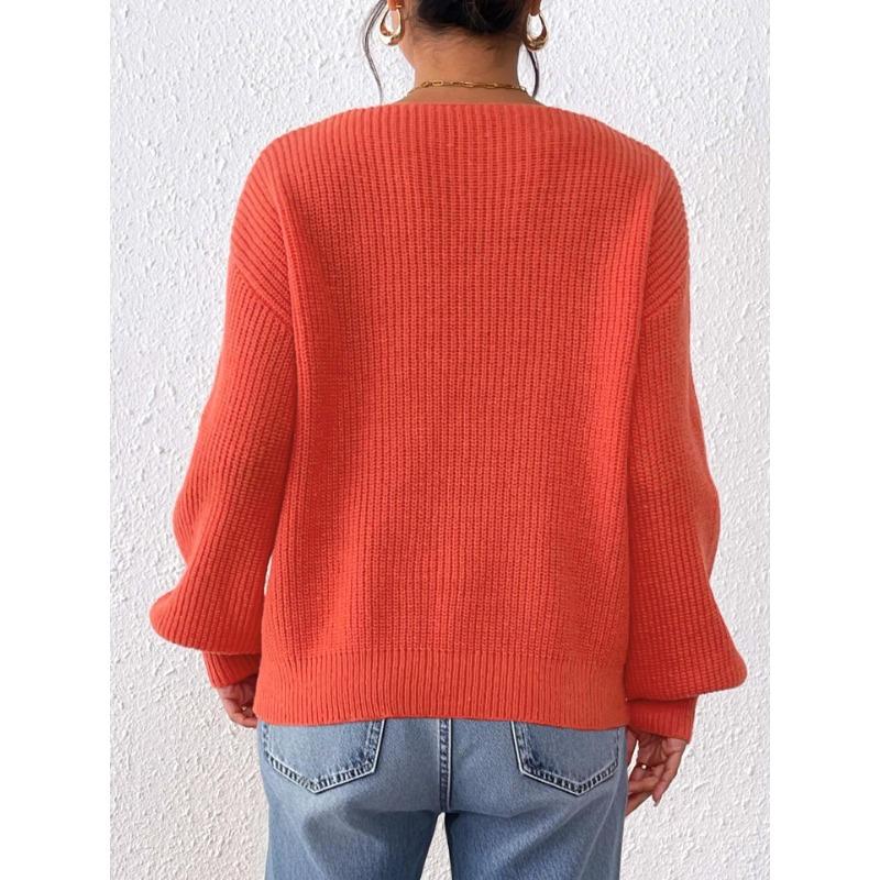 Autumn Winter Loose Casual Fashion Beading Sweater Women V-neck Solid Color All-match Pullover Knitting Top