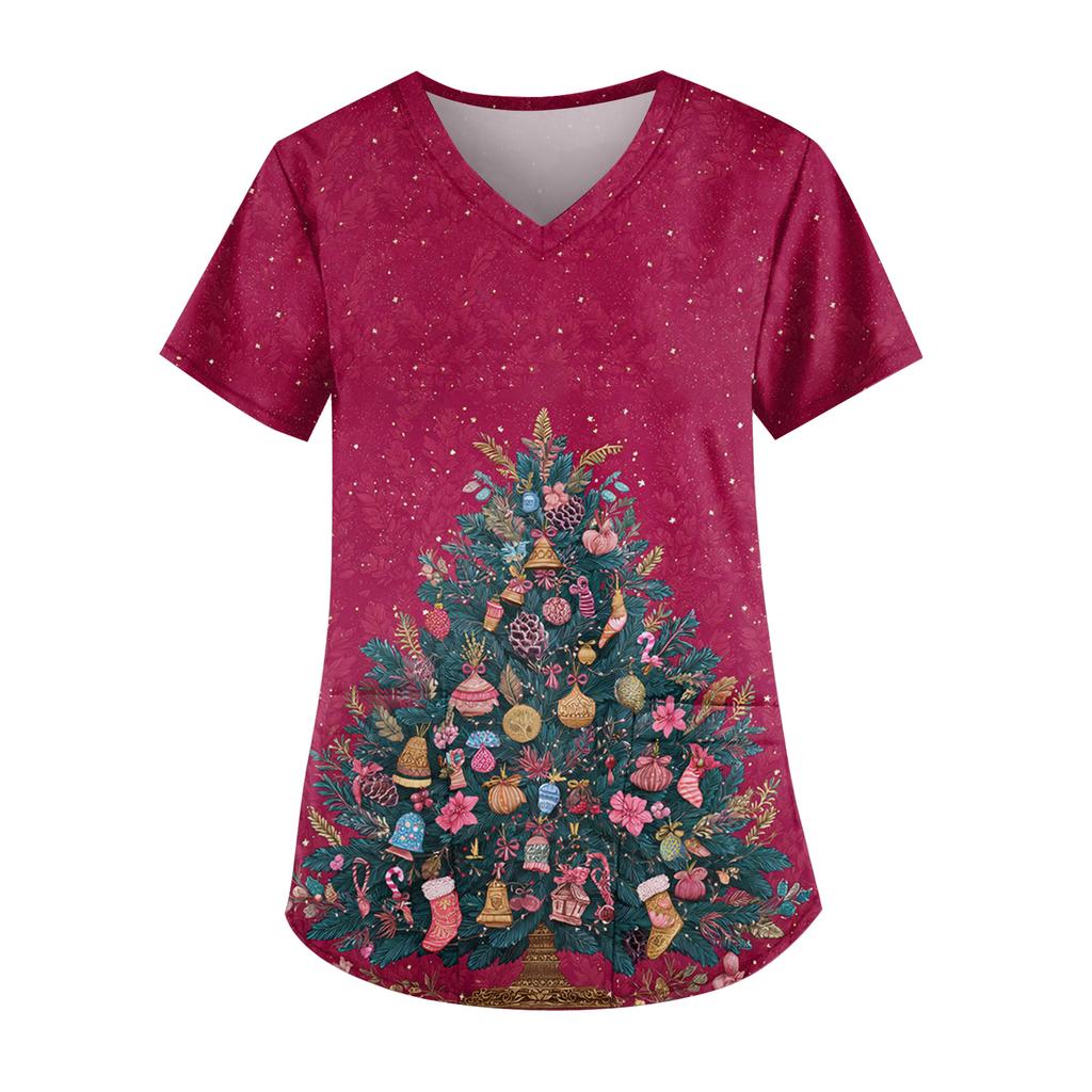 Ladies' Fashionable V-neck Pocket Short Sleeved Christmas Tree Printed Caregiver Uniform