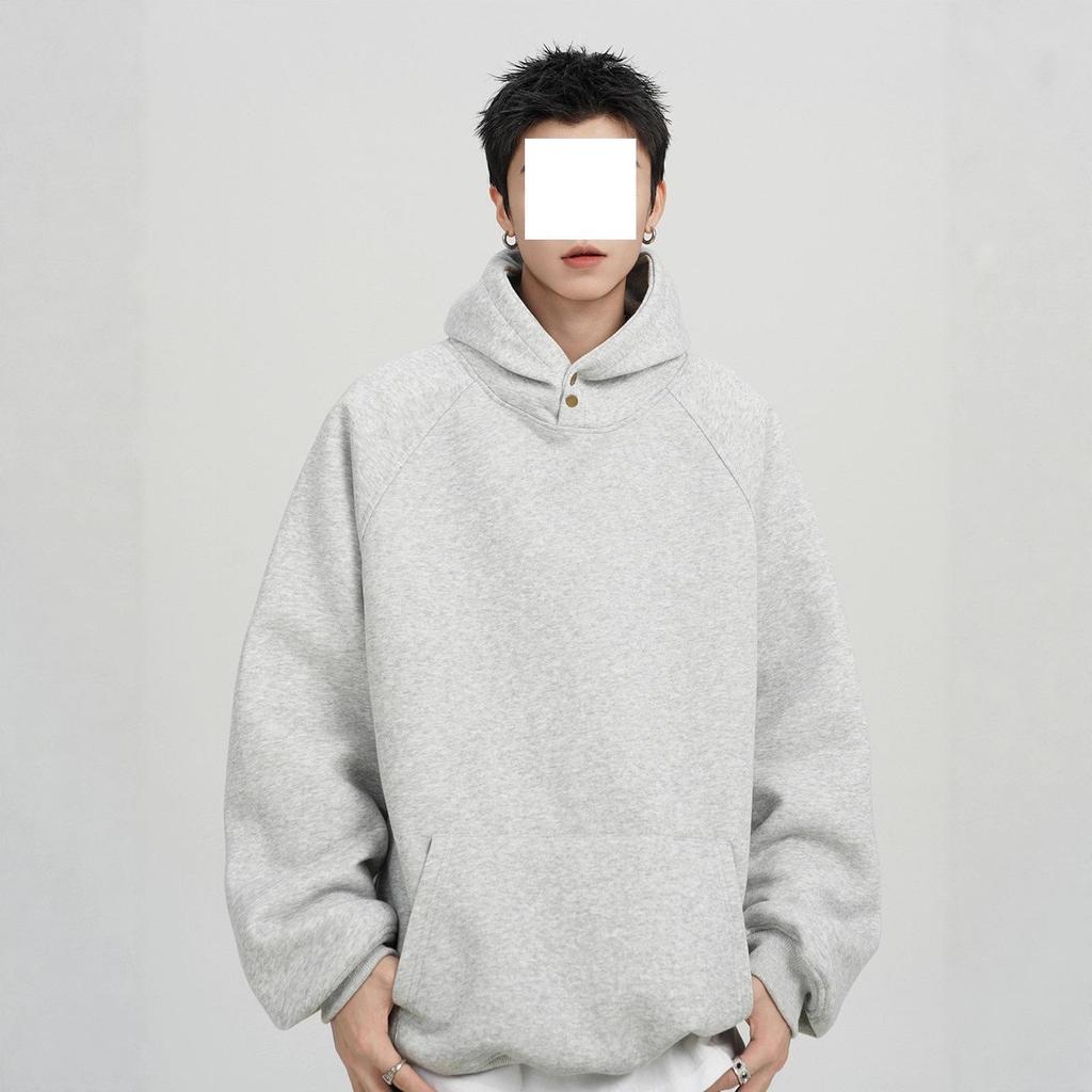 Men's Heavyweight 300G Button-Up Hoodie – Trendy Autumn/Winter Loose Fit, Solid Color, Versatile American Style Sweatshirt Jacket
