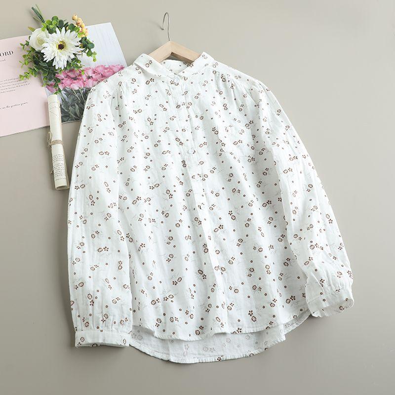 

New Arrival Artsy Cotton Yarn Floral Lapel Shirt for Women Loose Easiest for Match Single-Breasted Long Sleeve Pure Cotton Tup Cardigan Fashion White One size