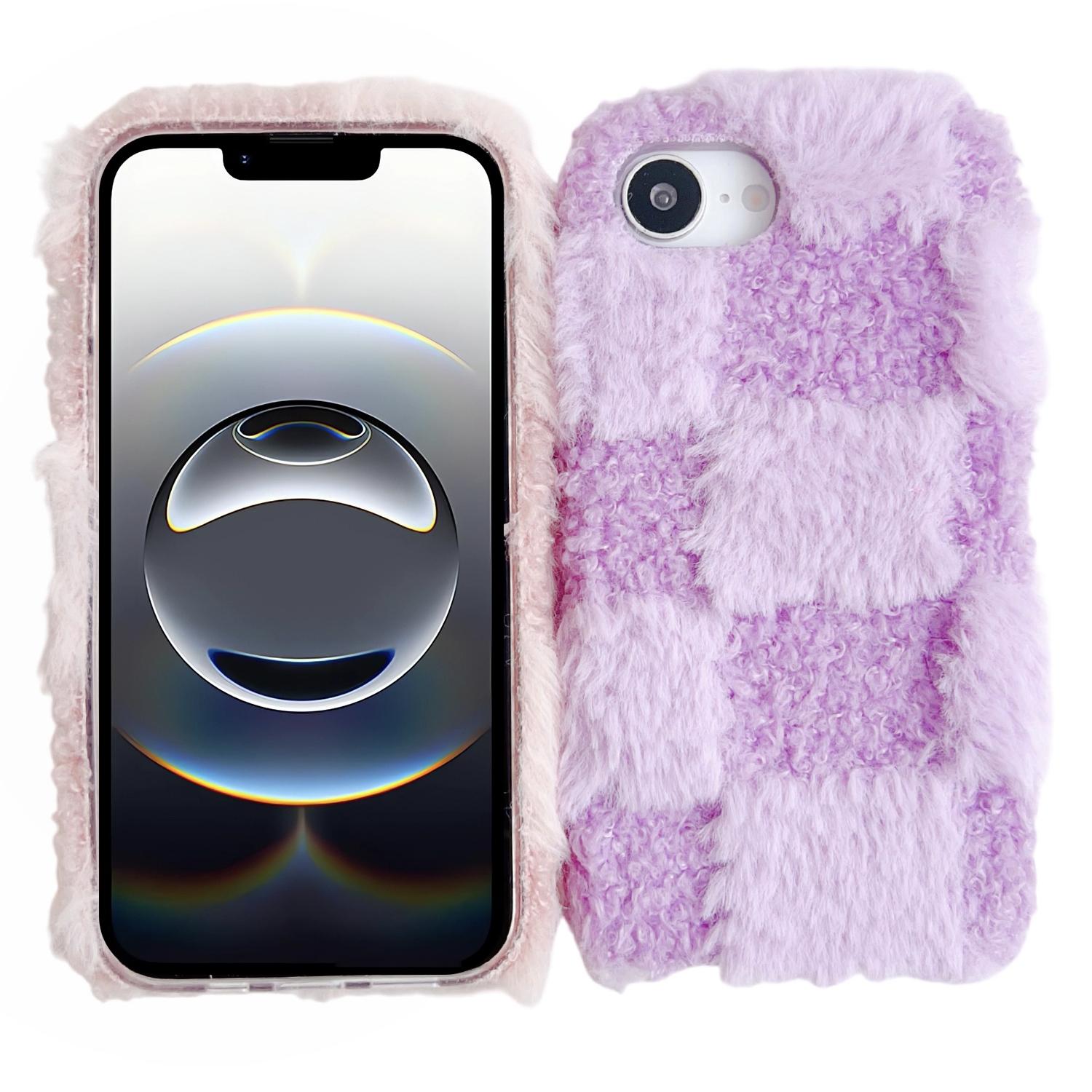 

For iPhone 16e Fluffy Case Checkered/Floral Pattern Winter Plush Inner TPU Phone Cover Blue