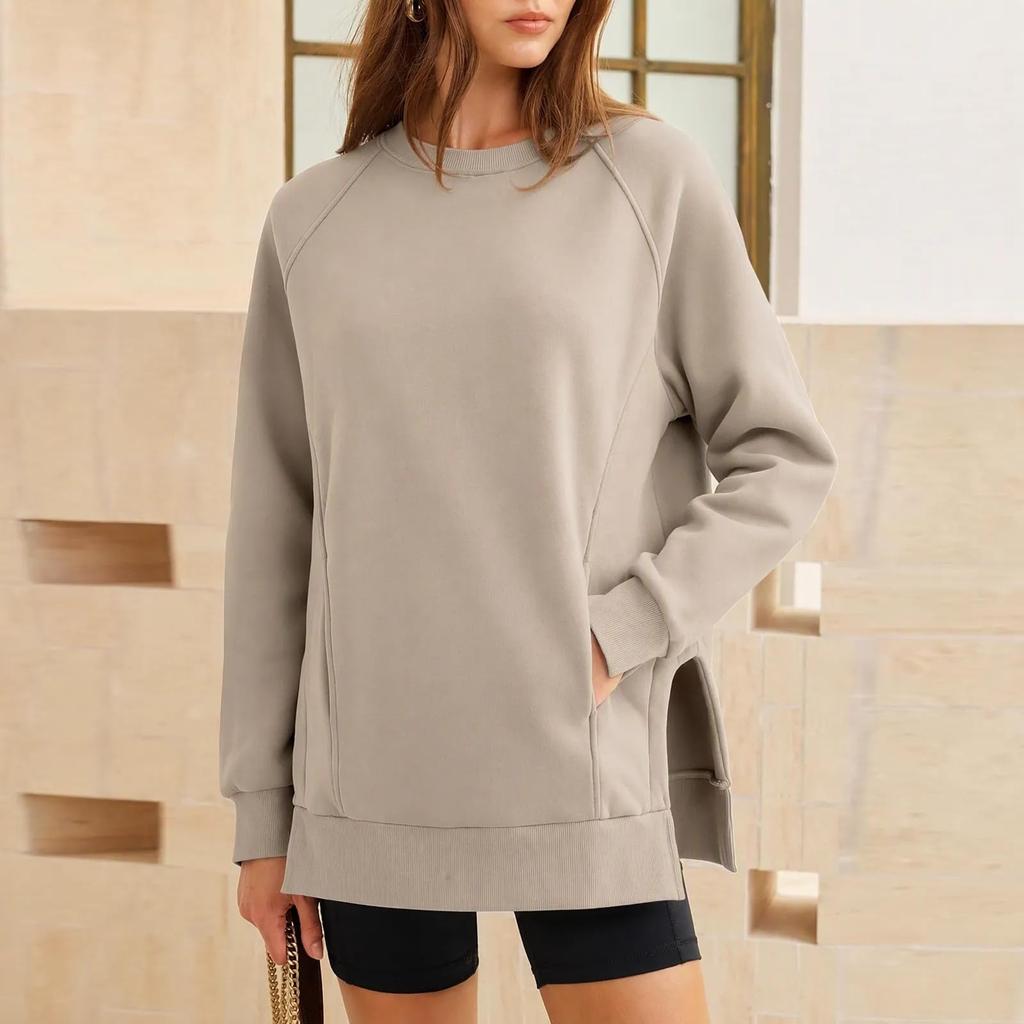 Damen Pullover Sweatshirt Oberteil mit Halsausschnitt, Langarm und Seitenschlitzen