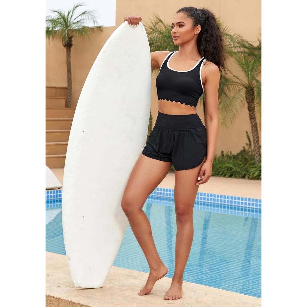 CHARMLEAKS Bikini Top per donna, scollo a barchetta, a coste, smerlato, costume da bagno imbottito, costume da bagno sportivo