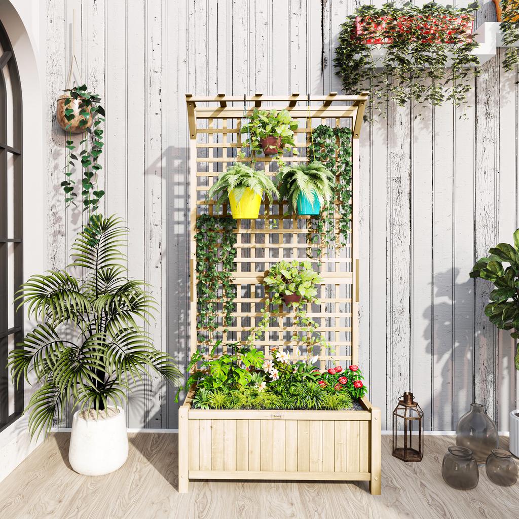 Raised Bed with Drainage Holes, Wood Planter with Trellis for Climbing Plants To Grow Vegetables, Flowers, Natural