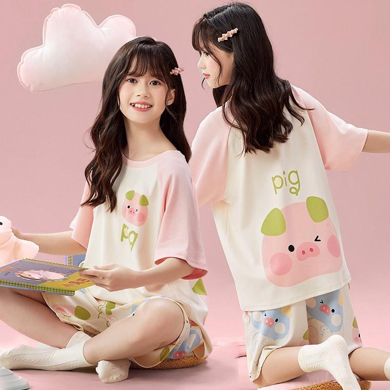 Cotton Short Sleeve Pajama Set Girls Cartoon Print Loose Sleepwear Home Outfit 2025